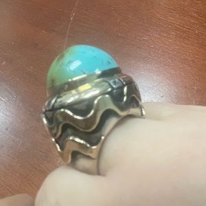 Dian Malouf Signature Turquoise, Sterling Silver, and 14k Gold Ring Size 7